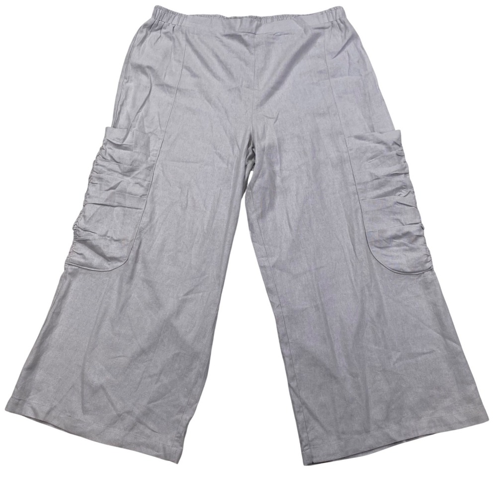 Charlie Paige Cargo Pants Womens XL Grey Linen Blend Wide Leg Elastic Waist NEW